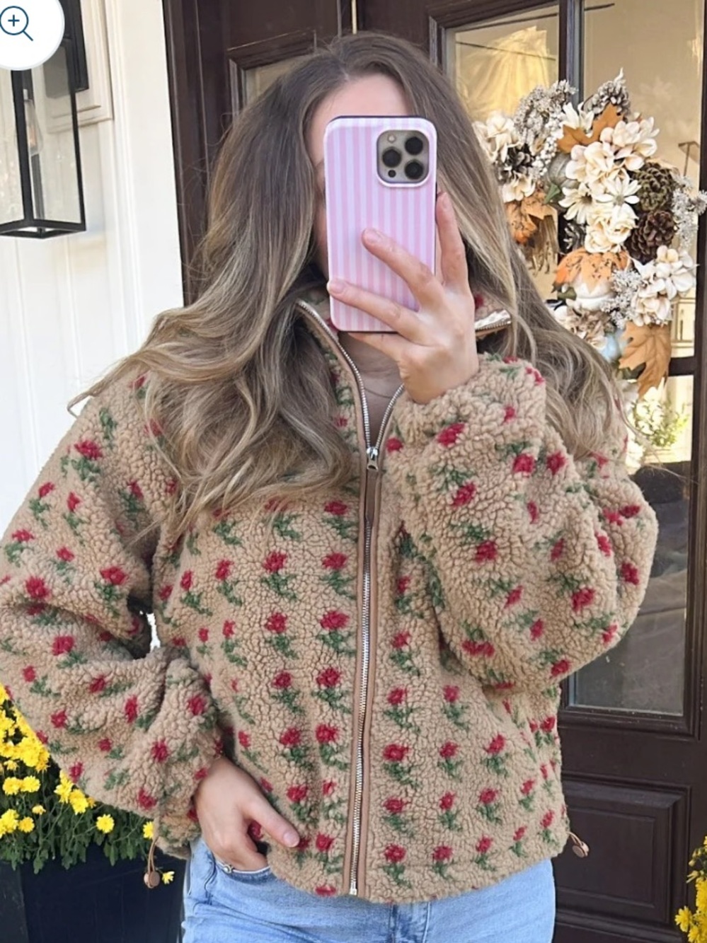 In loom Tan Floral Sherpa Zip Jacket